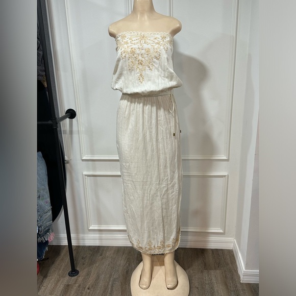 SAND & SPIRIT STRAPLESS COVERUP Ivory Embroidered Crochet Lace Boho Summer Dress - Picture 3 of 10